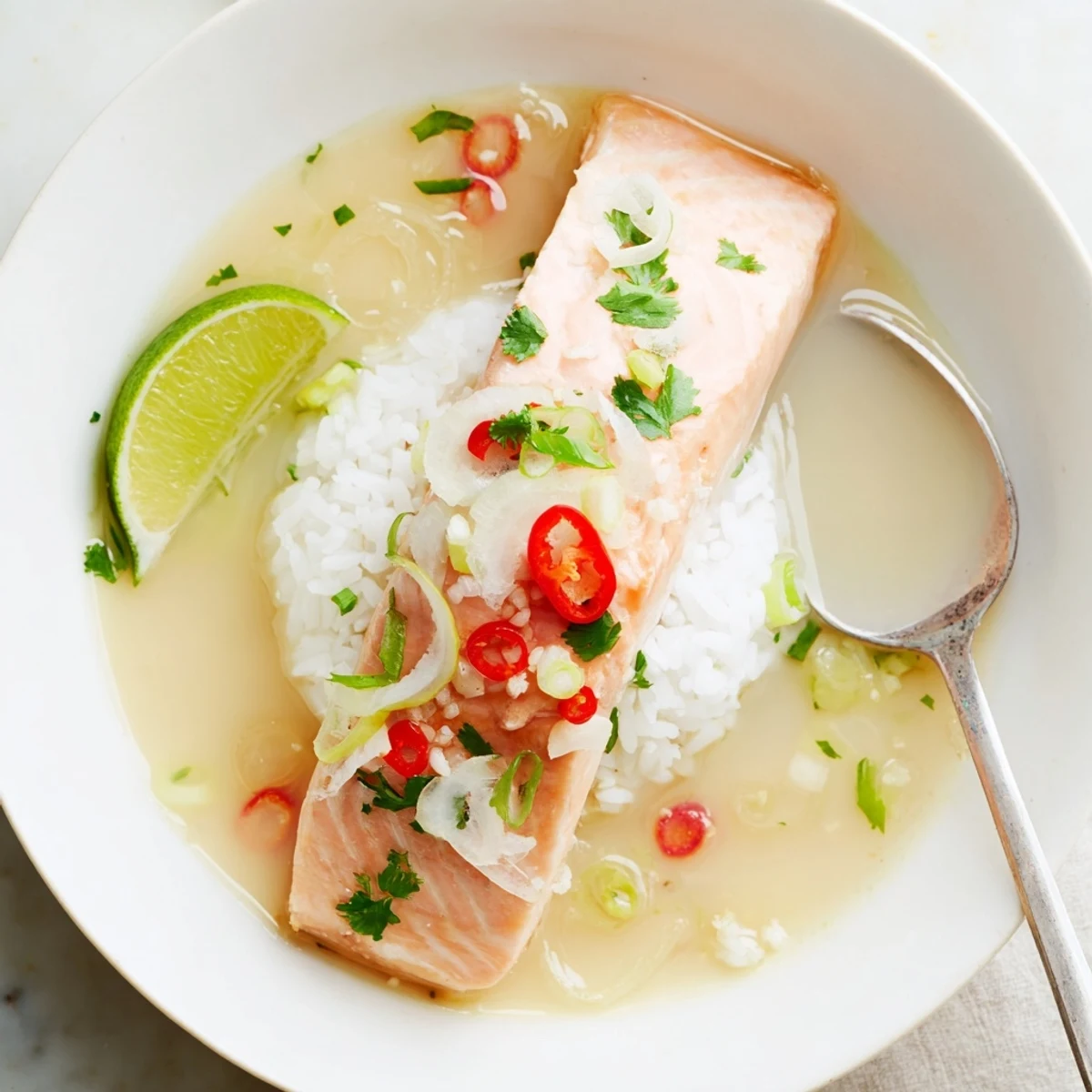 Bright Coconut Lime Poached Salmon Dinner served over jasmine rice, lime wedges