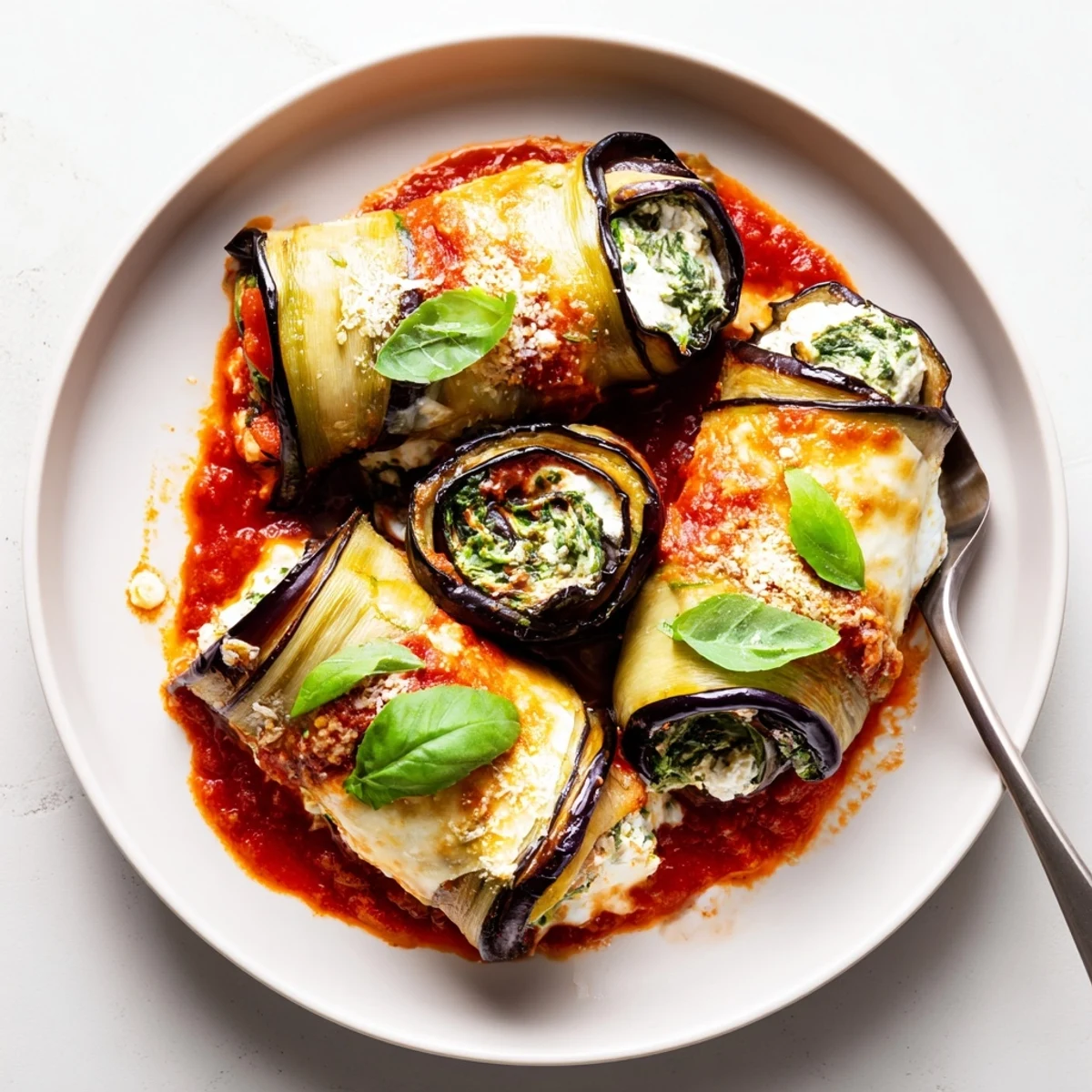 Healthy Eggplant Rollatini bubbling with melted mozzarella, fresh basil garnish  