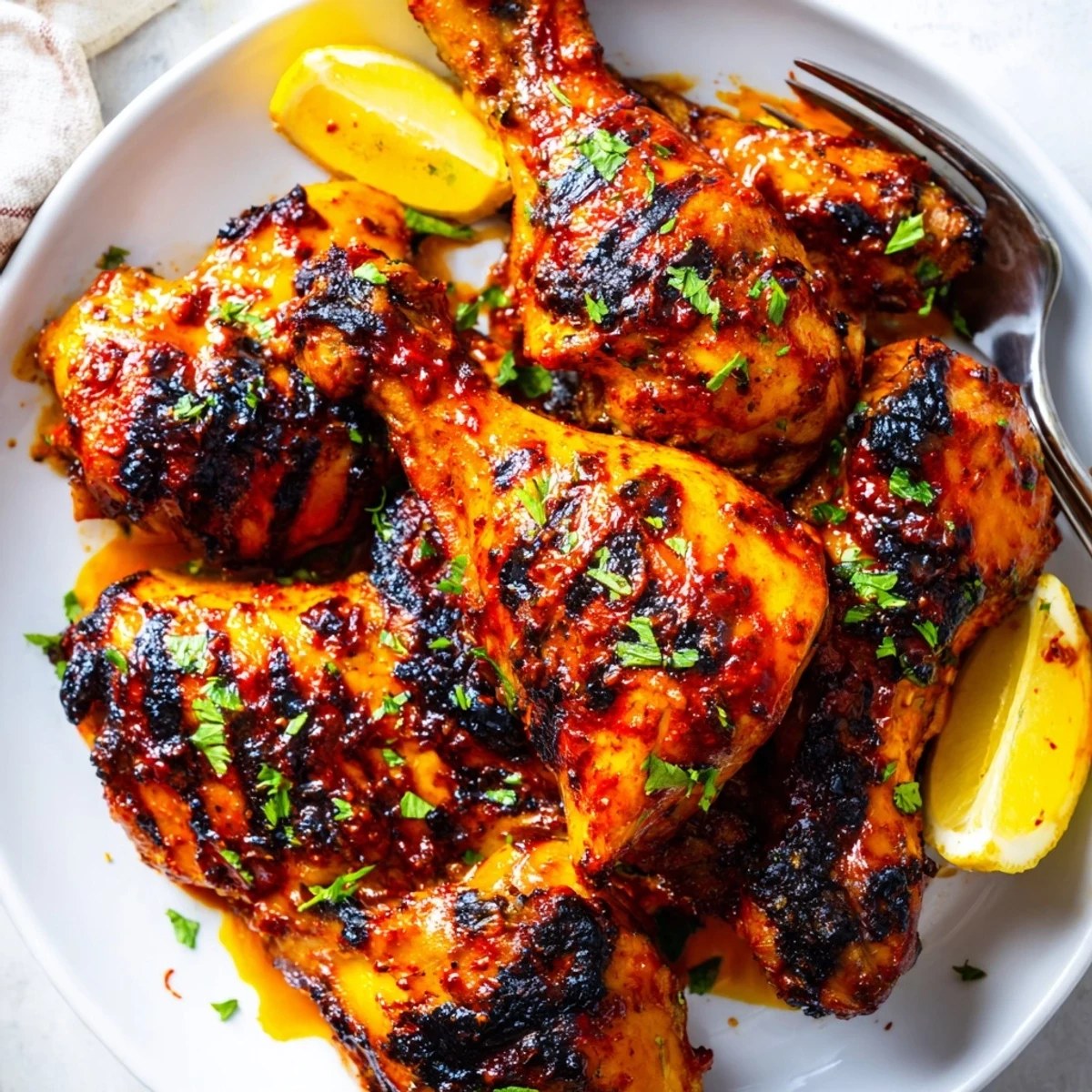 Peri Peri Chicken sizzling on the grill, charred skin, lemon wedges