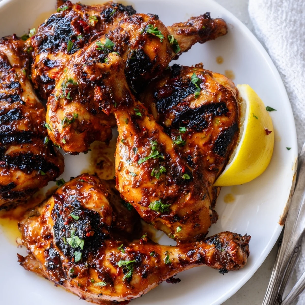 Spicy Peri Peri Chicken marinated overnight, juicy thighs served with chopped parsley