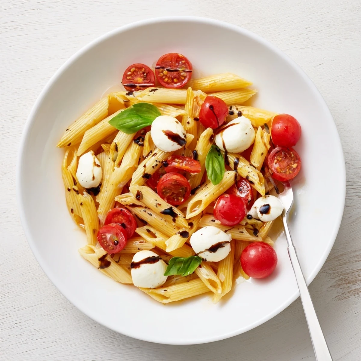 Caprese Tomato Mozzarella Penne glistening with olive oil, basil, warm pasta steam