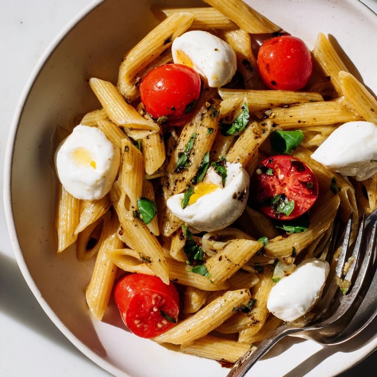 Creamy mozzarella tucked into Caprese Tomato Mozzarella Penne, juicy tomatoes bursting