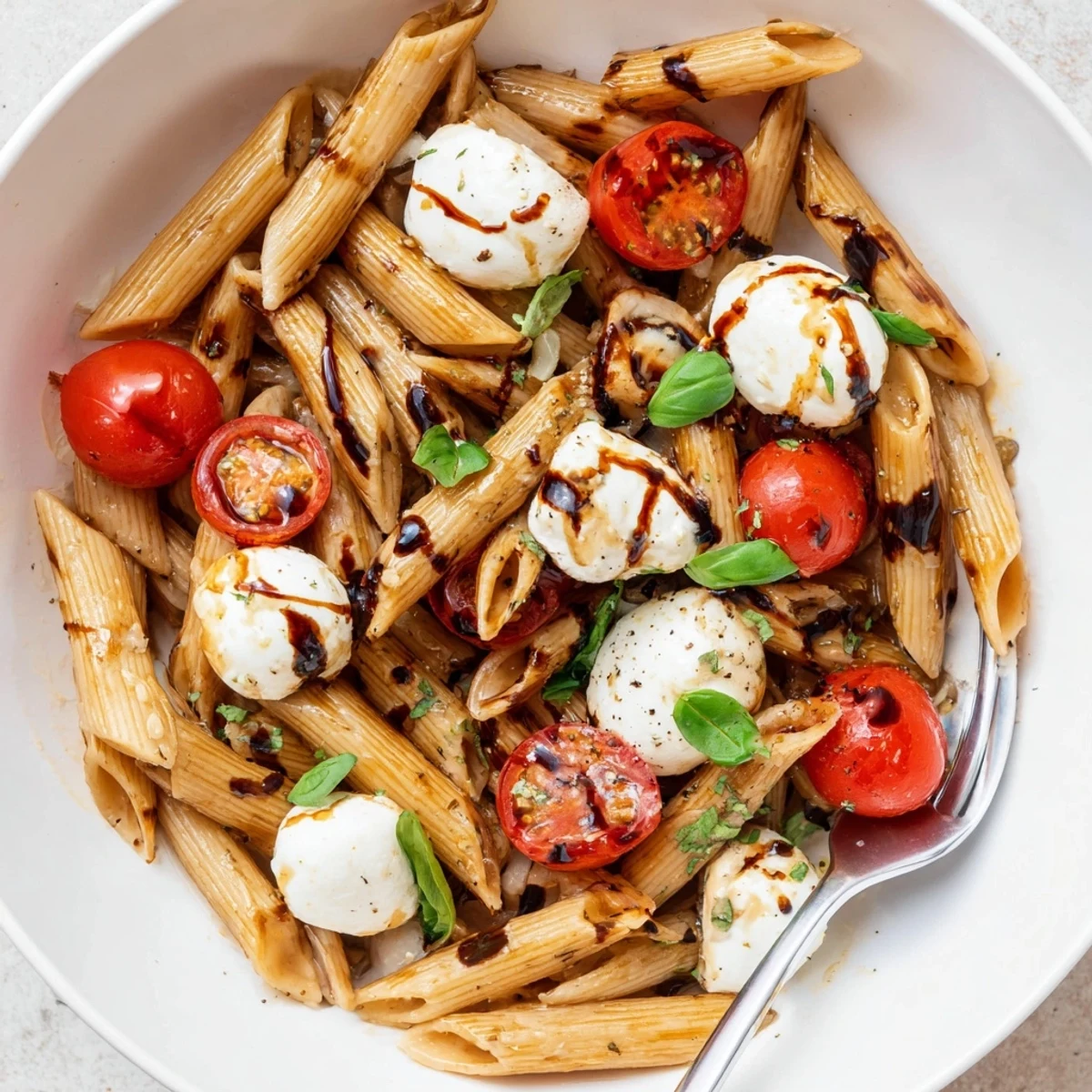 Bright basil and balsamic drizzle over Caprese Tomato Mozzarella Penne, served warm