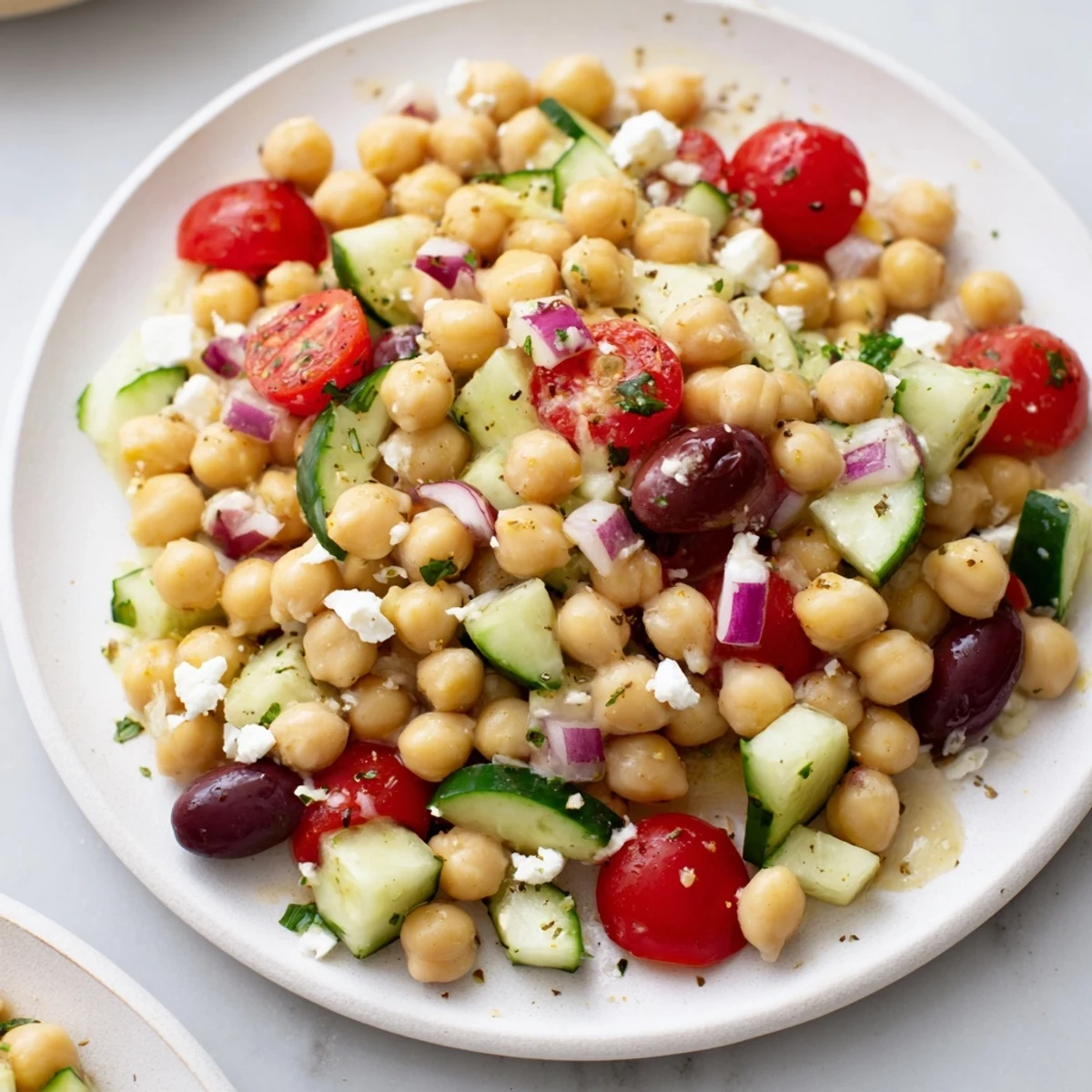 Bright Mediterranean Chickpea Salad with cucumber, creamy feta, olives, parsley