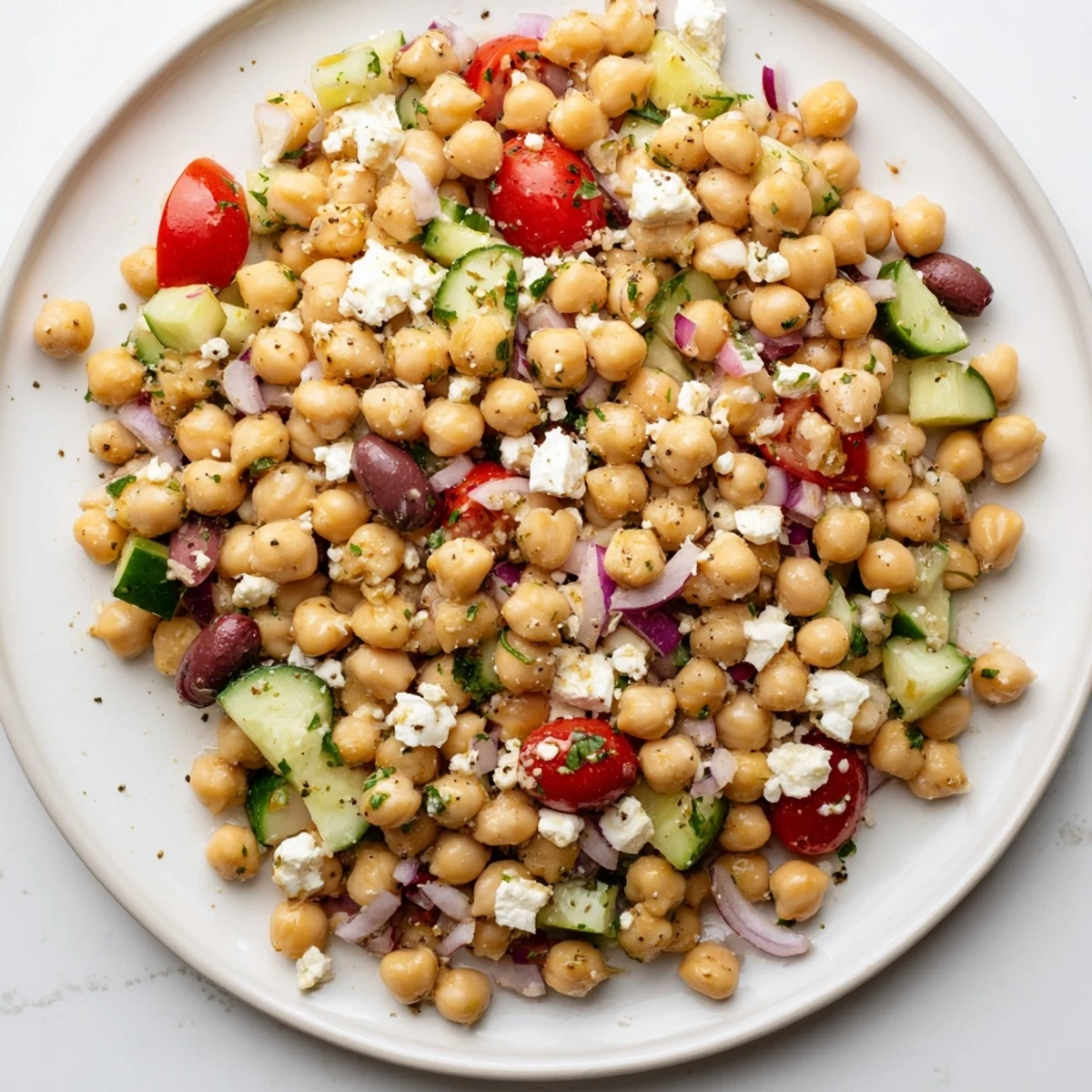 Mediterranean Chickpea Salad with Cucumber & Feta served as light summer lunch