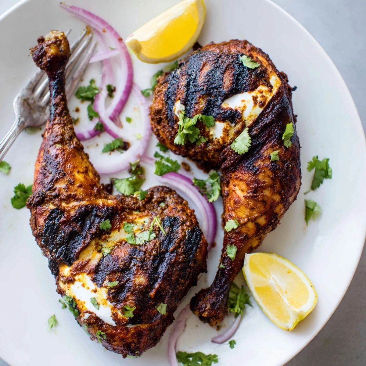 Marinated Grilled Spicy Tandoori Chicken, golden char and cilantro garnish