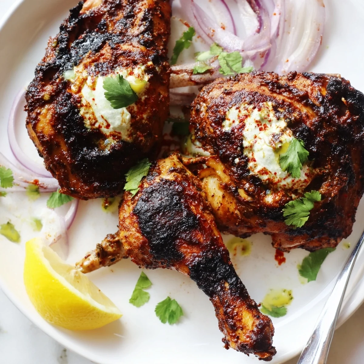Smoky, vibrant Grilled Spicy Tandoori Chicken resting on sliced red onions