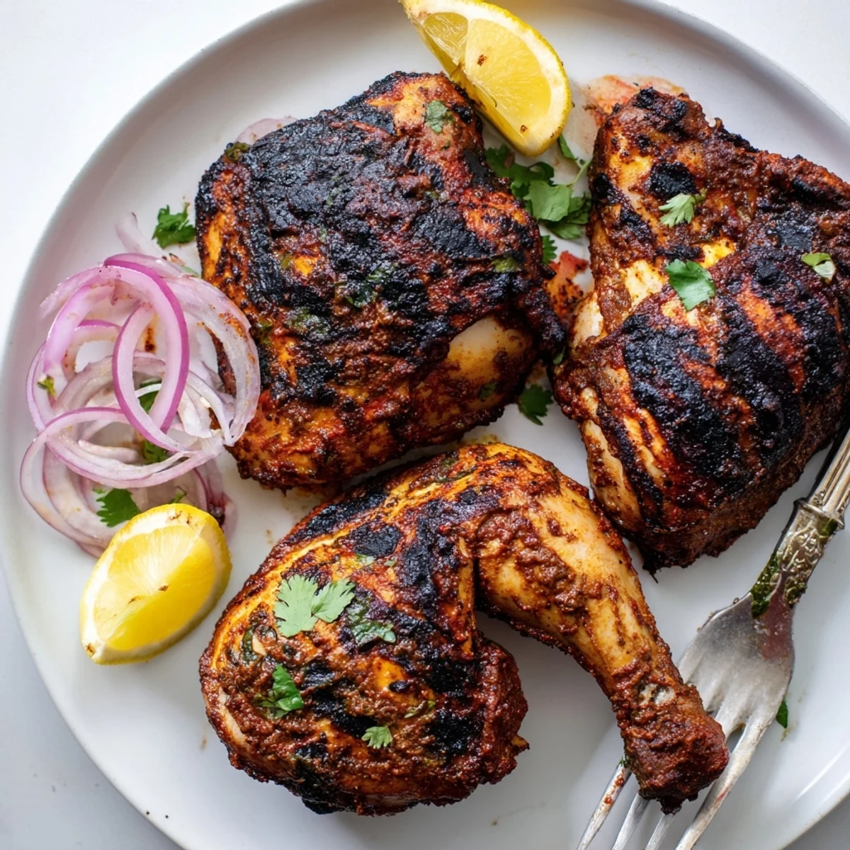 Grilled Spicy Tandoori Chicken with charred edges, juicy interior, lemon wedges