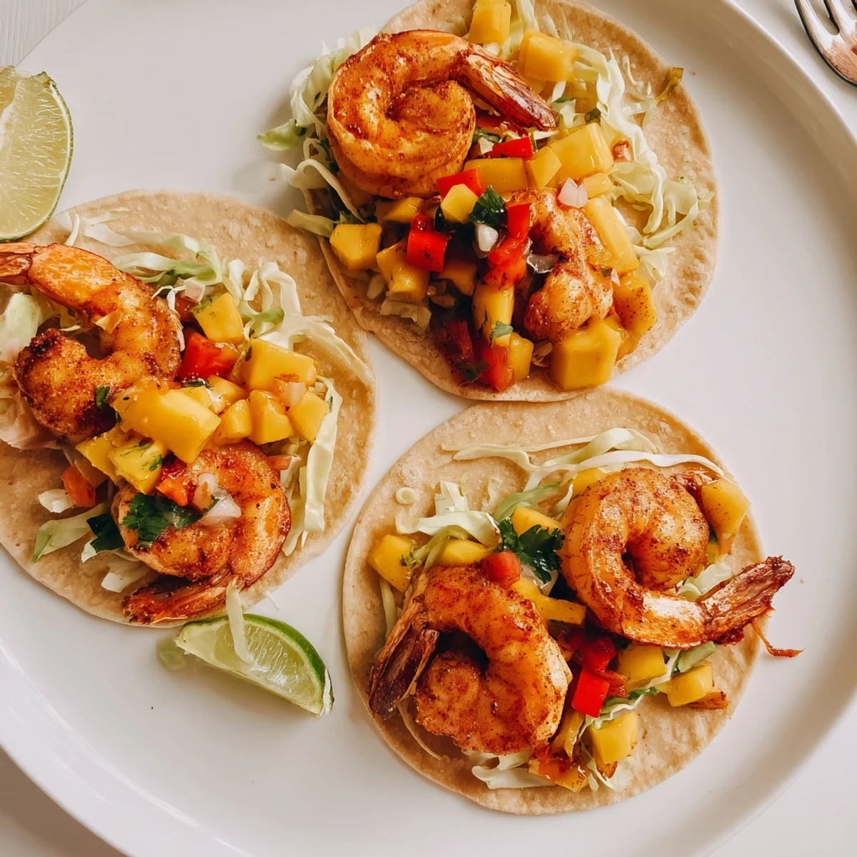 Shrimp Tacos With Mango Salsa on warm corn tortillas, juicy and bright