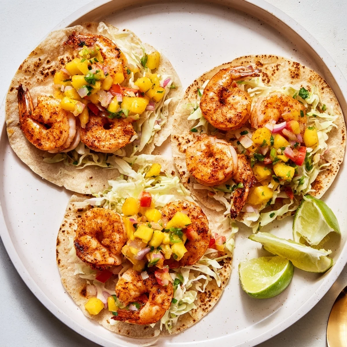 Family-ready Shrimp Tacos With Mango Salsa served with crisp cabbage and lime