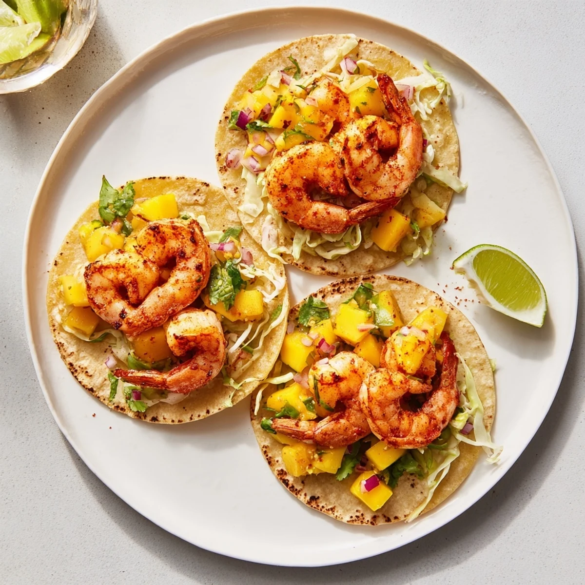 Pan-seared shrimp fill Shrimp Tacos With Mango Salsa, sprinkled with cilantro