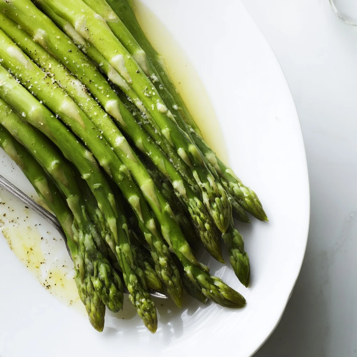 Steamed Asparagus glistening with olive oil and lemon, bright tender stalks