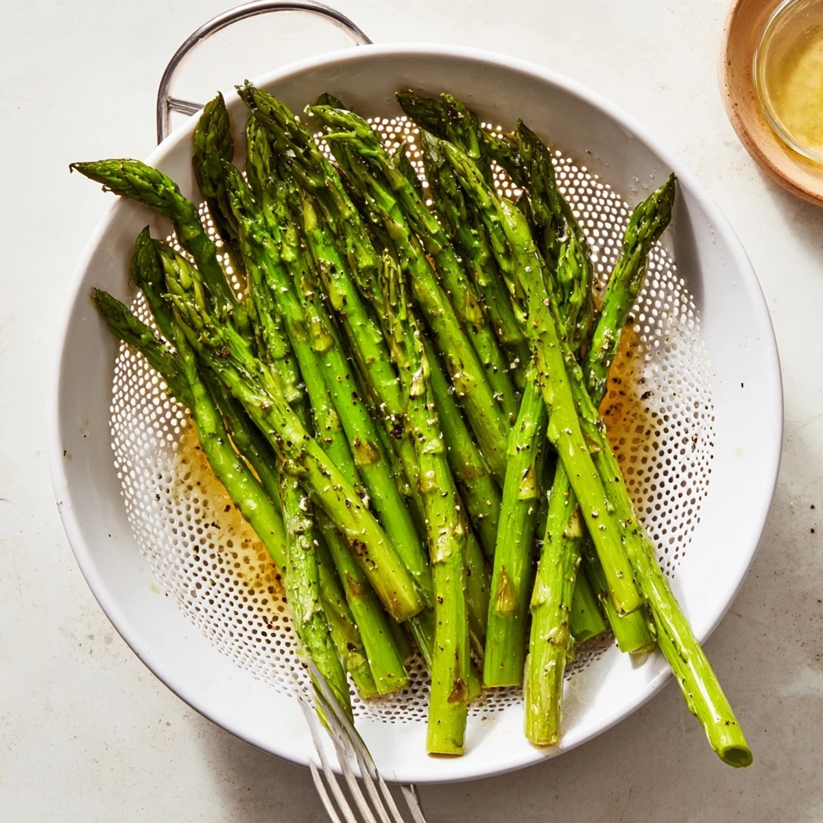 Plated Steamed Asparagus sprinkled with sea salt, cracked pepper, and herbs