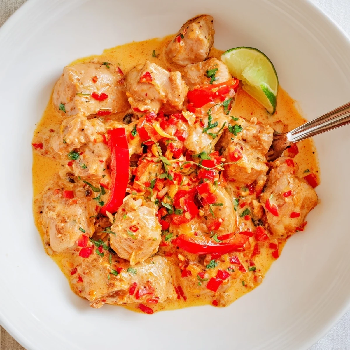 Spicy Brazilian Coconut Chicken simmering in creamy sauce with lime wedges  