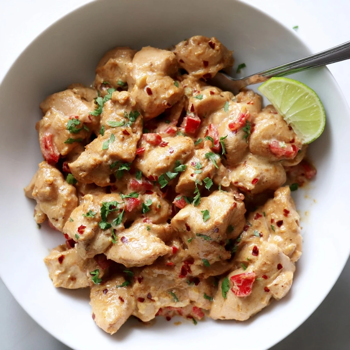 Bowl of Spicy Brazilian Coconut Chicken over steamed rice, cilantro garnish  