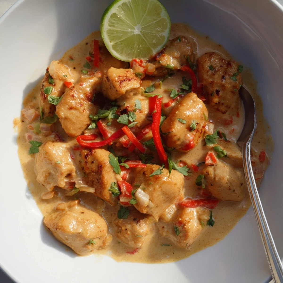 Tender Spicy Brazilian Coconut Chicken with red chilies and aromatic cilantro