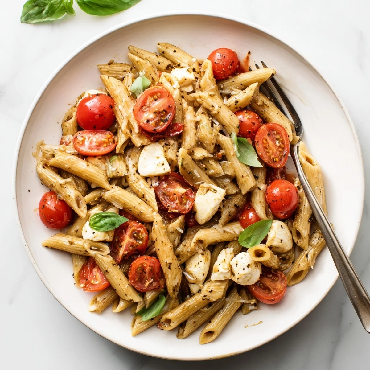 Steaming bowl of Caprese Pasta with juicy tomatoes, melted mozzarella, basil