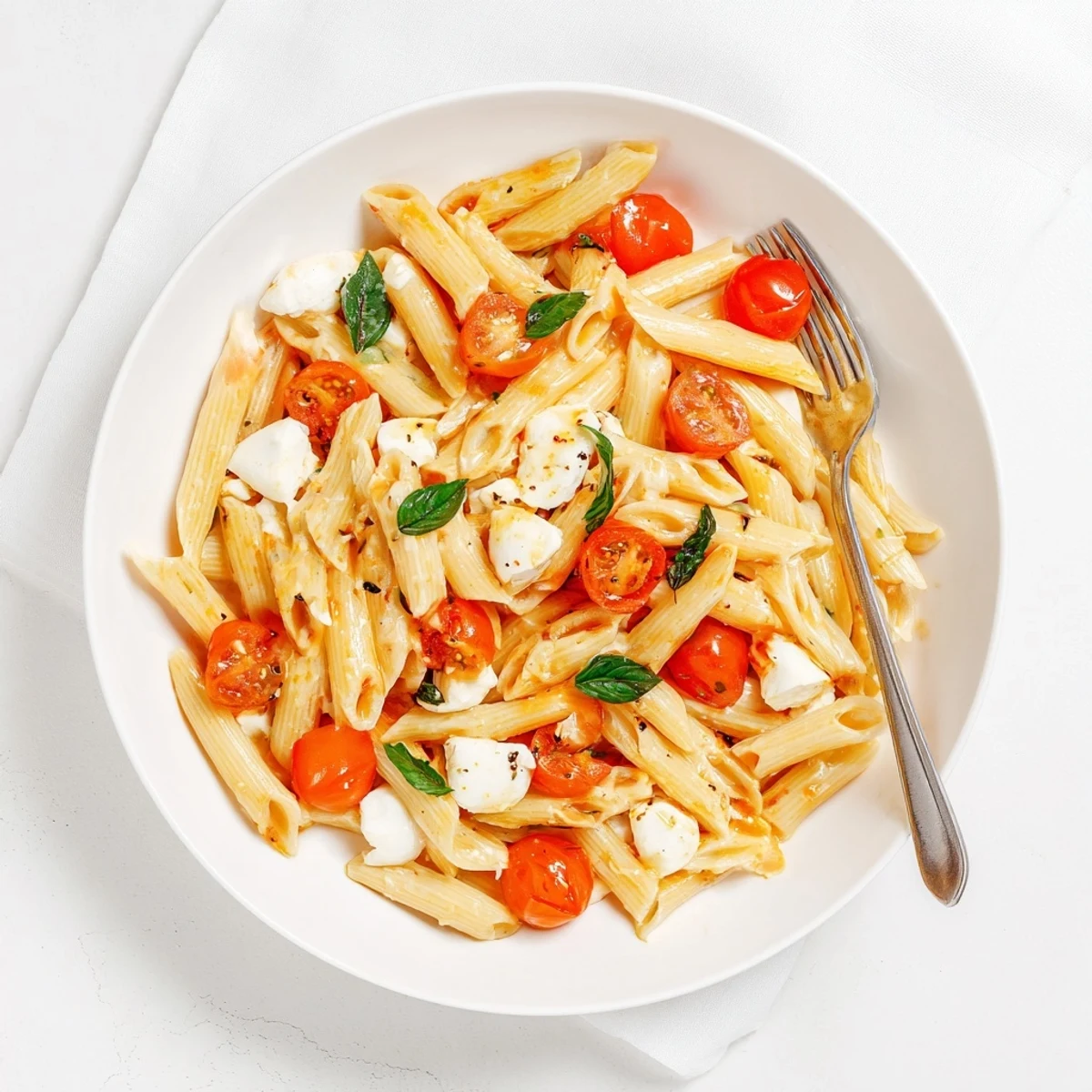 Skillet-tossed Caprese Pasta glistening with olive oil, fragrant garlic, torn basil