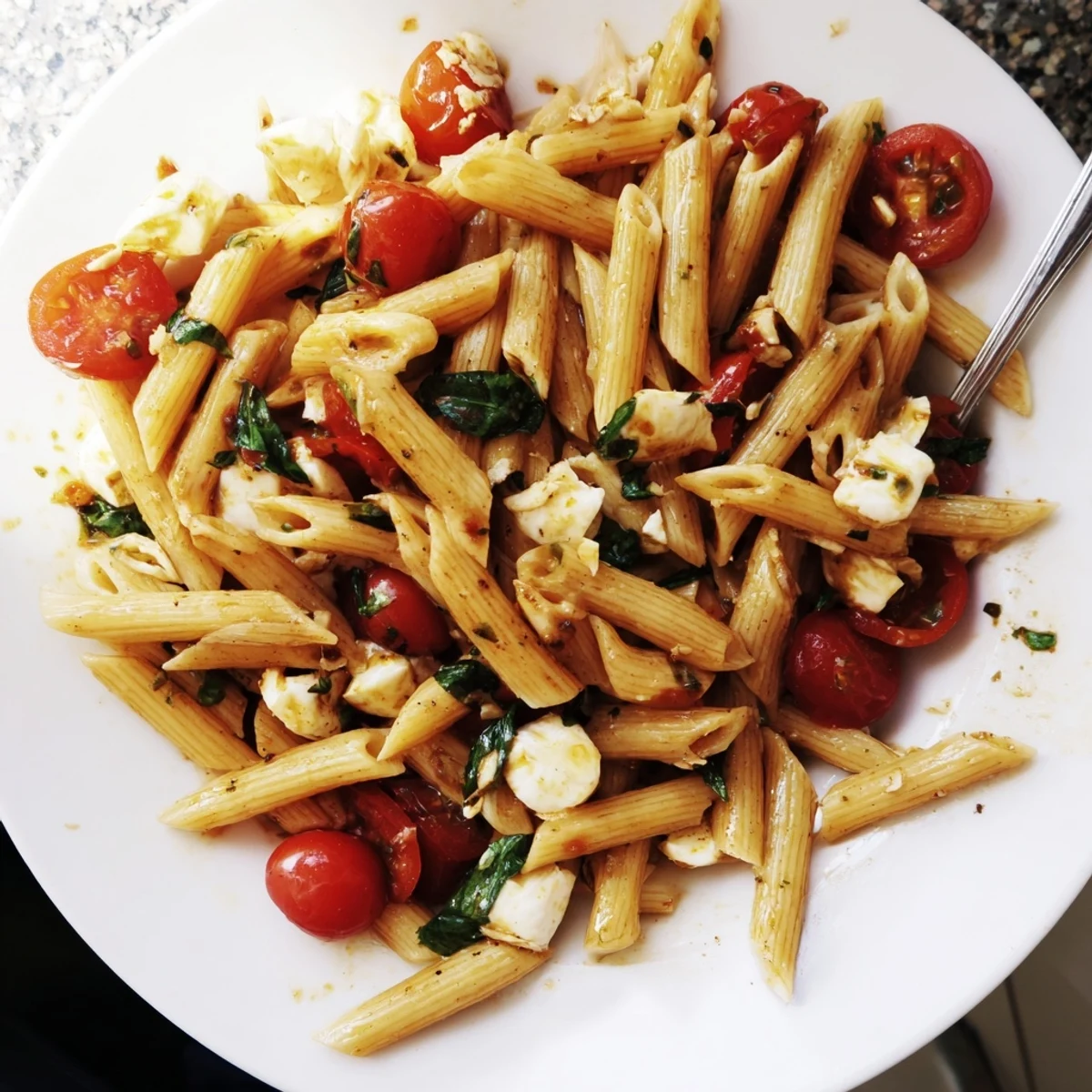 Fresh Caprese Pasta tossed al dente, cherry tomatoes bursting, creamy mozzarella