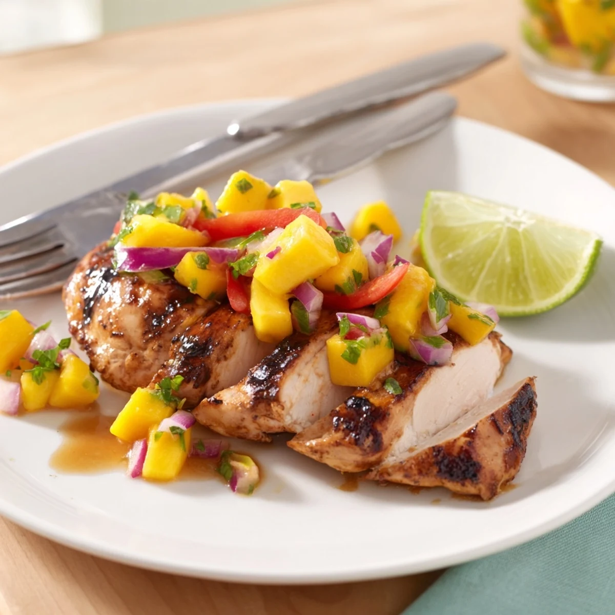Juicy Honey Lime Chicken With Mango Salsa served over steaming rice for dinner  