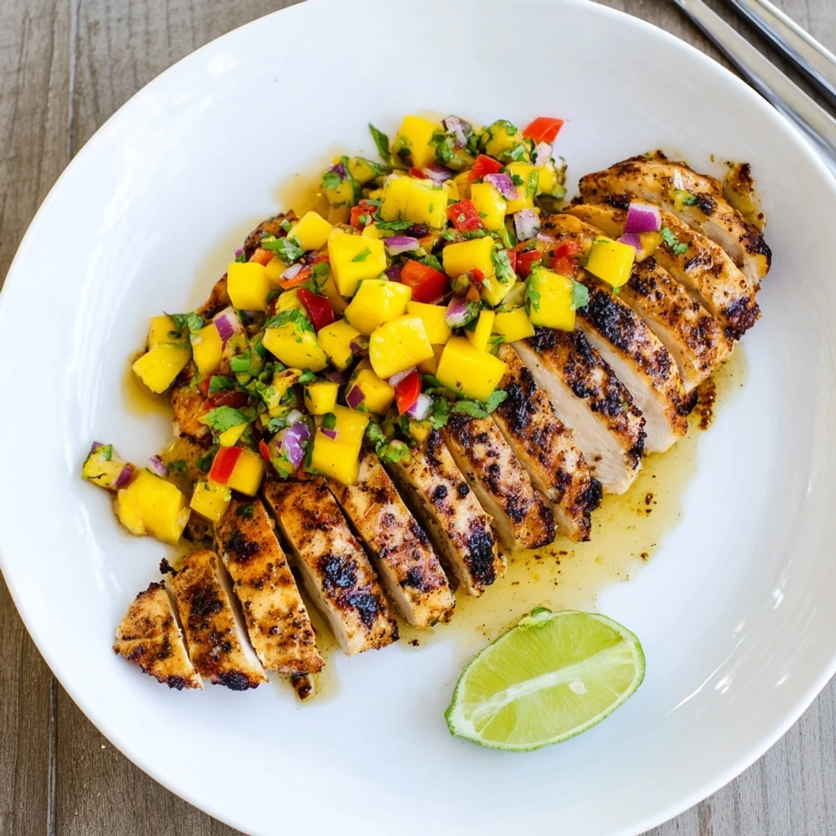 Grilled Honey Lime Chicken With Mango Salsa topped with bright cilantro and lime  