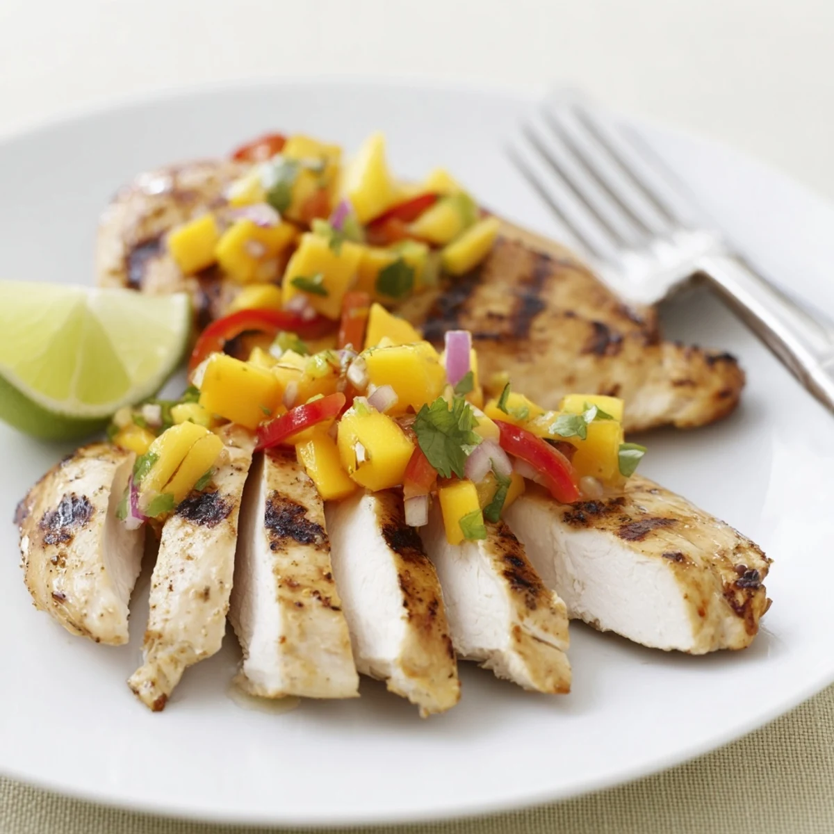 Pan-seared Honey Lime Chicken With Mango Salsa featuring sweet mango, zesty jalapeño bite