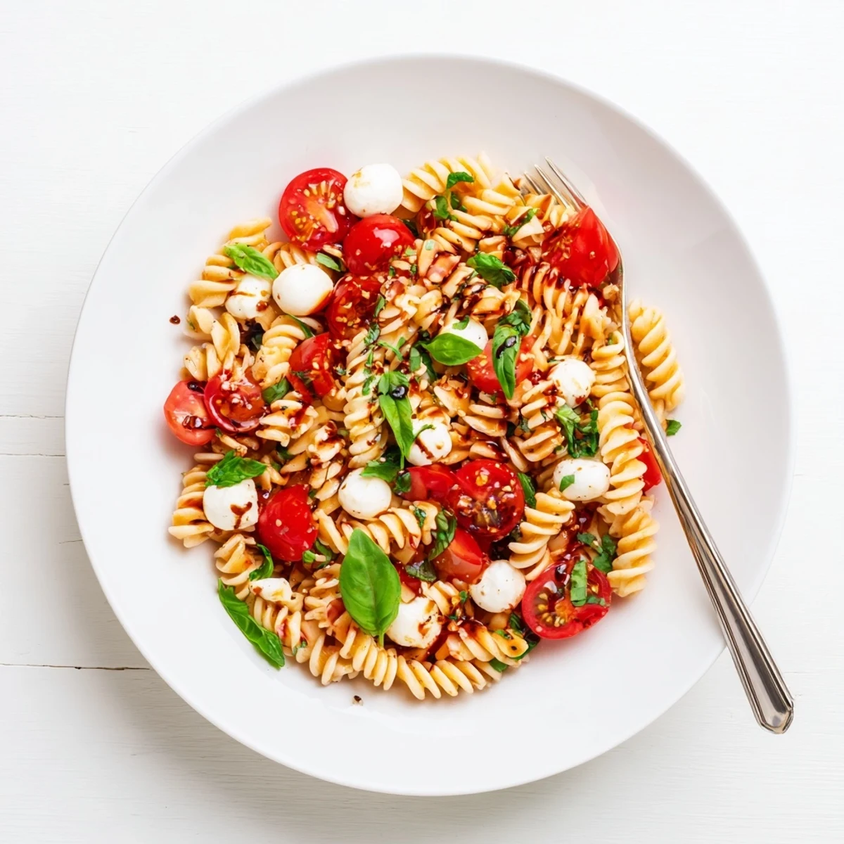 Bright Caprese Pasta Salad Recipe tossed with balsamic dressing, chilled for serving