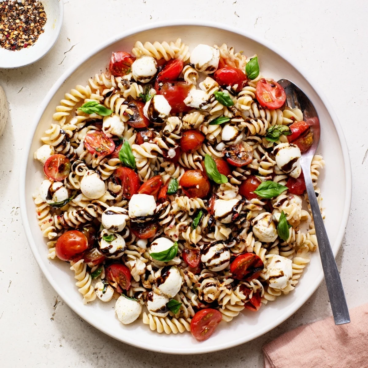 Caprese Pasta Salad Recipe with glossy cherry tomatoes, silky mozzarella, basil for picnics