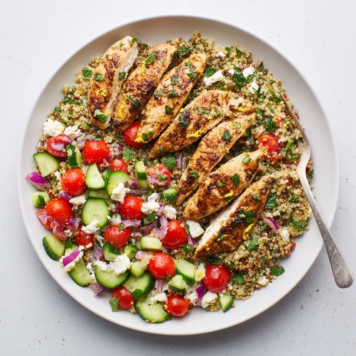 Bright summer bowl featuring Grilled Lemon Herb Chicken And Quinoa Salad, chilled