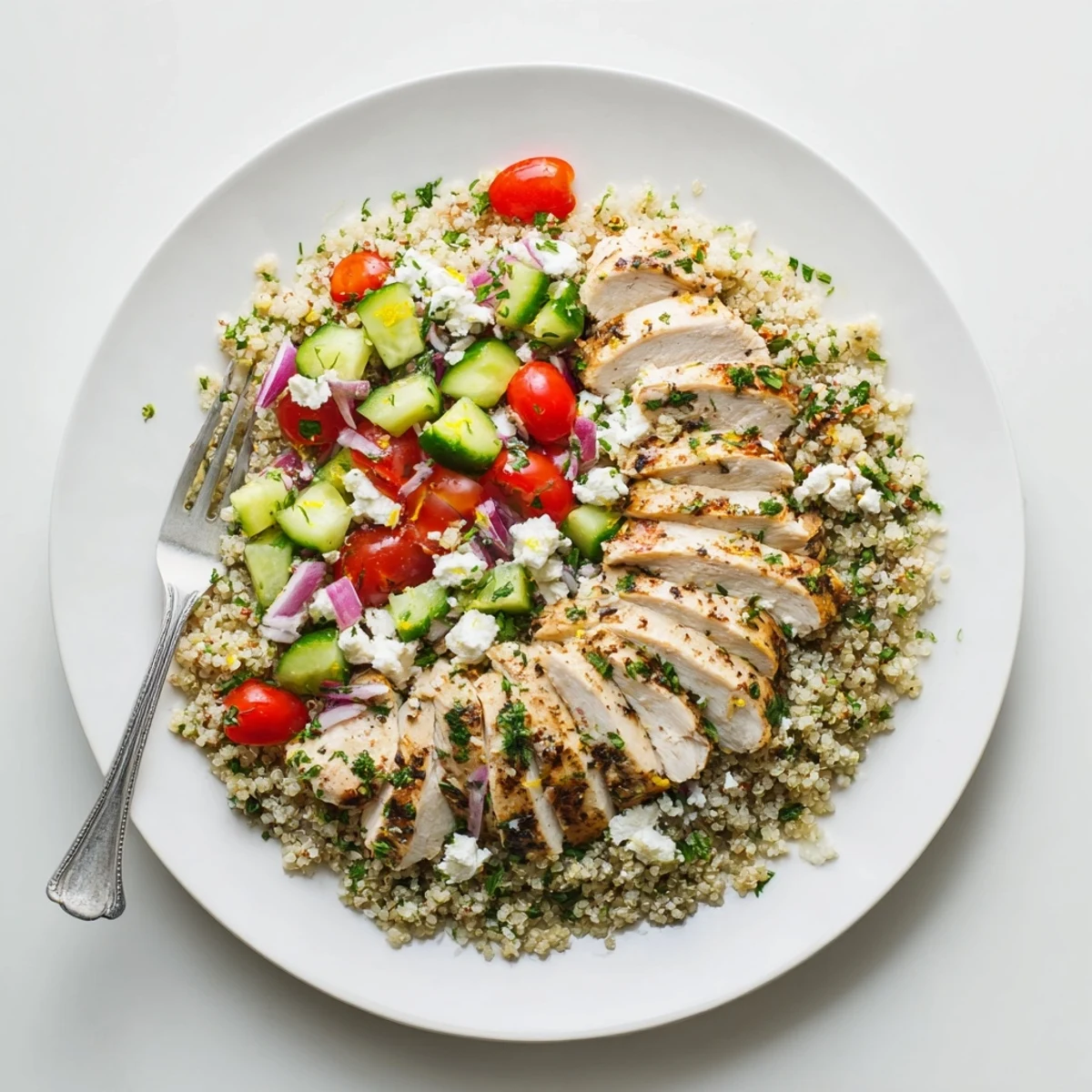 Lemony grill aroma, crisp vegetables atop Grilled Lemon Herb Chicken And Quinoa Salad