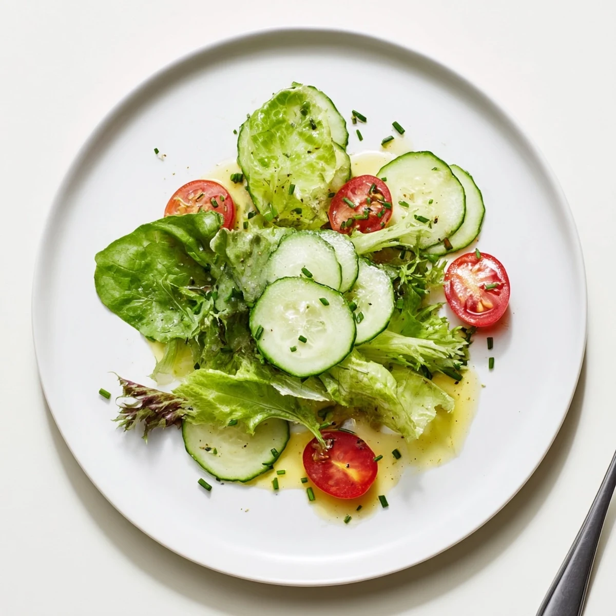 Bright Simple Green Salad Recipe tossed in lemon-Dijon vinaigrette, ready to serve  