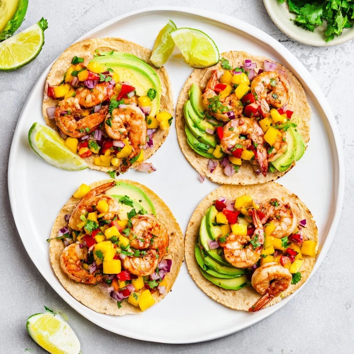 Cilantro Lime Shrimp Tacos With Mango Salsa Recipe, juicy shrimp in warm tortillas.