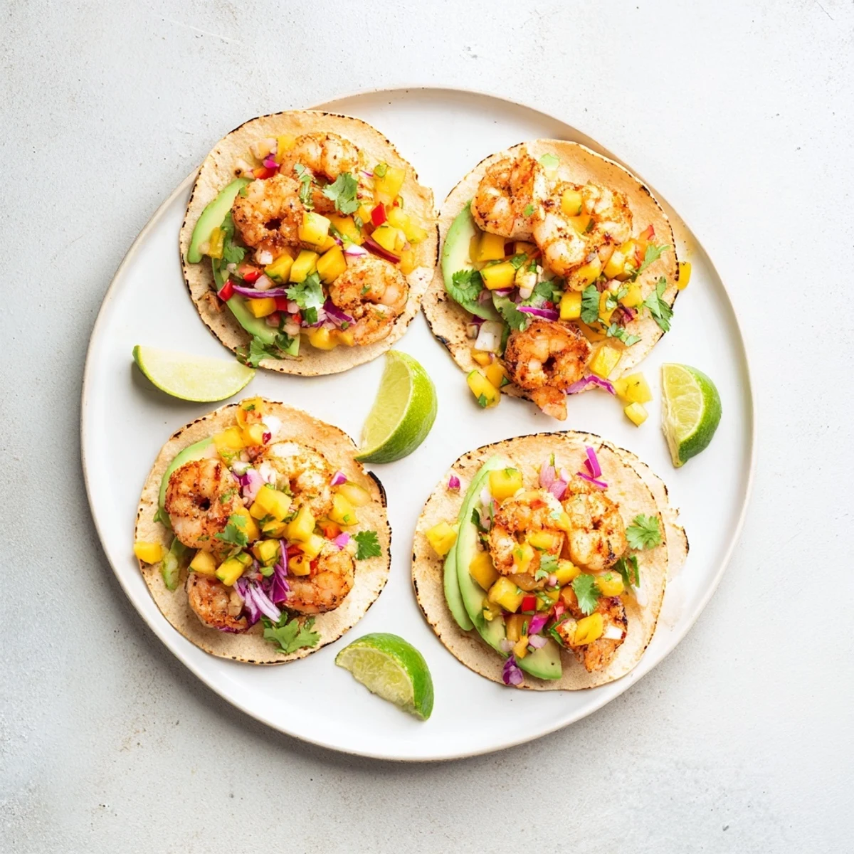 Sizzling, tangy mango topping crowns Cilantro Lime Shrimp Tacos With Mango Salsa Recipe.
