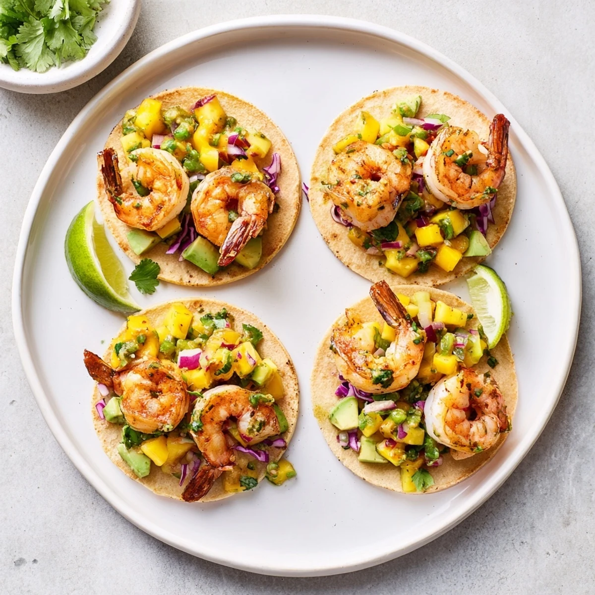 Warm tortillas, shrimp, mango — Cilantro Lime Shrimp Tacos With Mango Salsa Recipe.