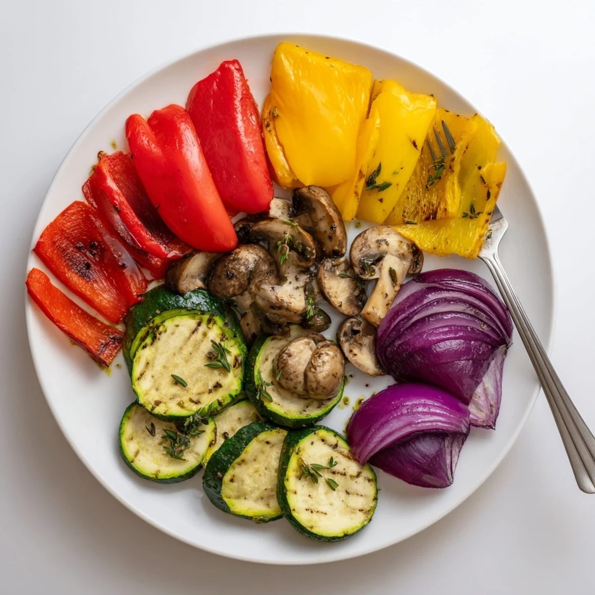 Smoky Grilled Vegetables piled on a platter, drizzled with balsamic