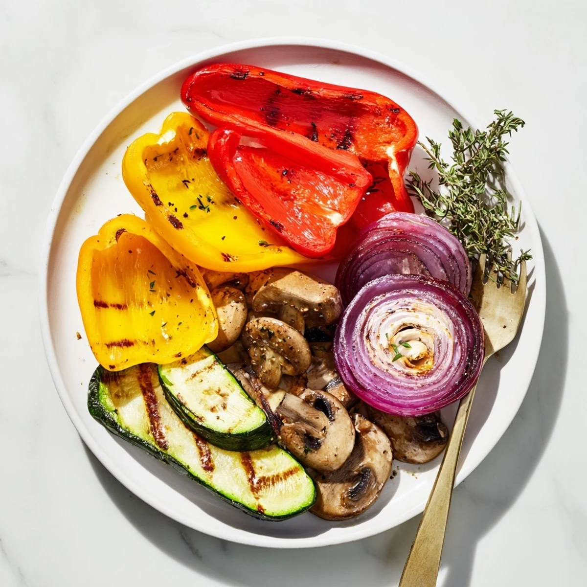 Colorful Grilled Vegetables—tender zucchini, peppers, eggplant, seasoned and slightly crisp