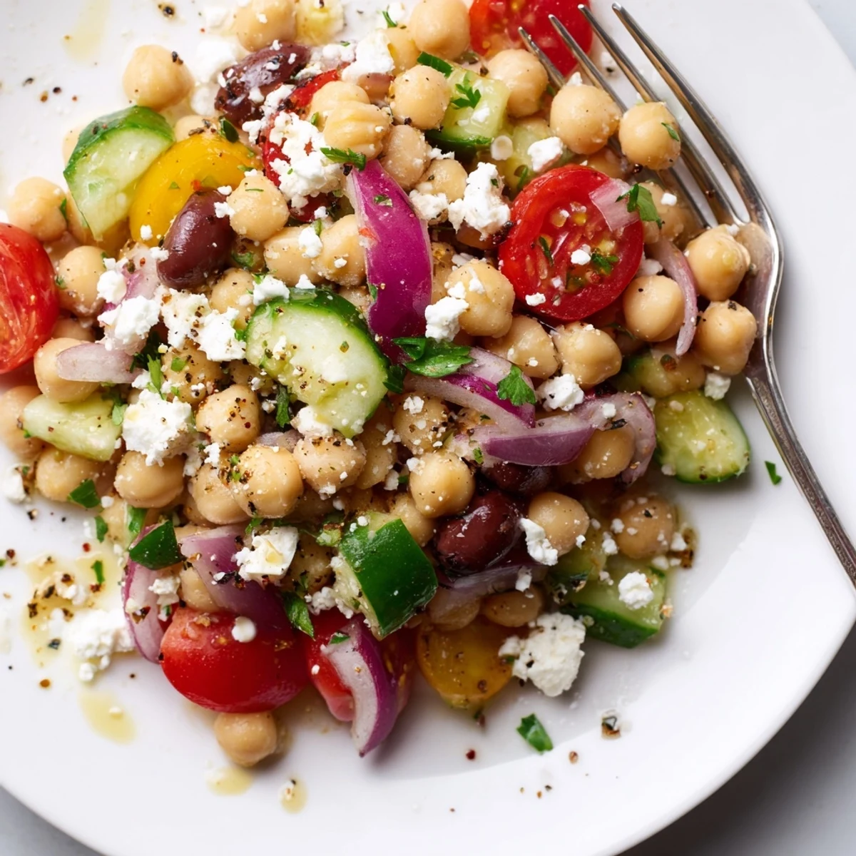 Chilled bowl drizzled with zesty lemon-oregano dressing in Mediterranean Chickpea Salad Recipe.