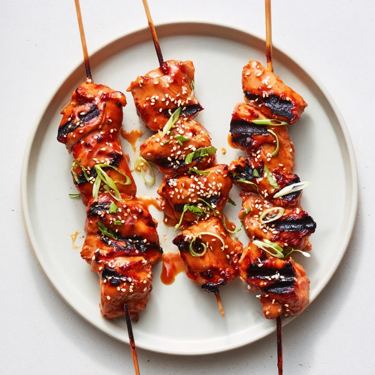 Grilled Bang Bang Chicken Skewers glistening with creamy spicy sauce and charred edges