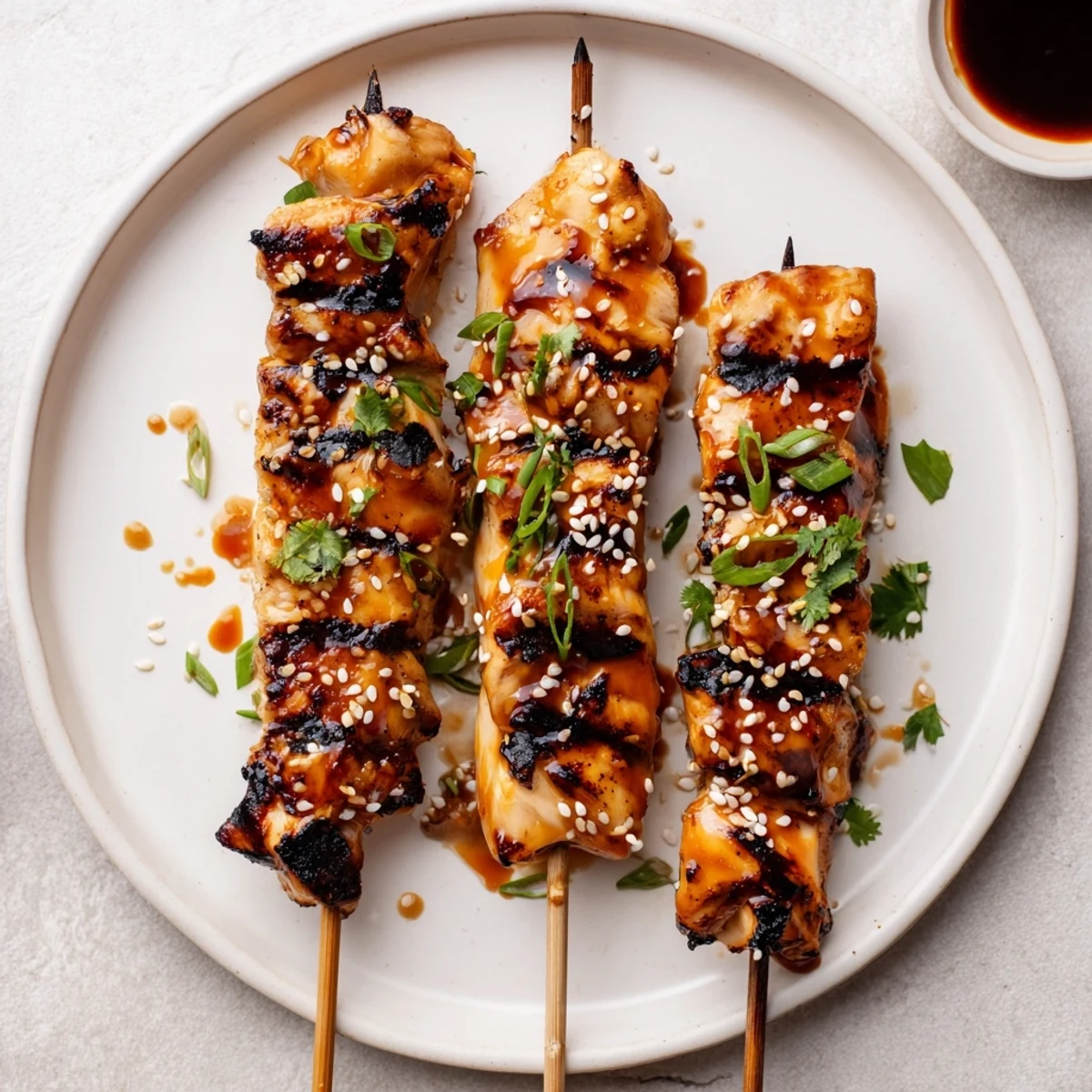 Plate of Grilled Bang Bang Chicken Skewers topped with scallions and sesame seeds