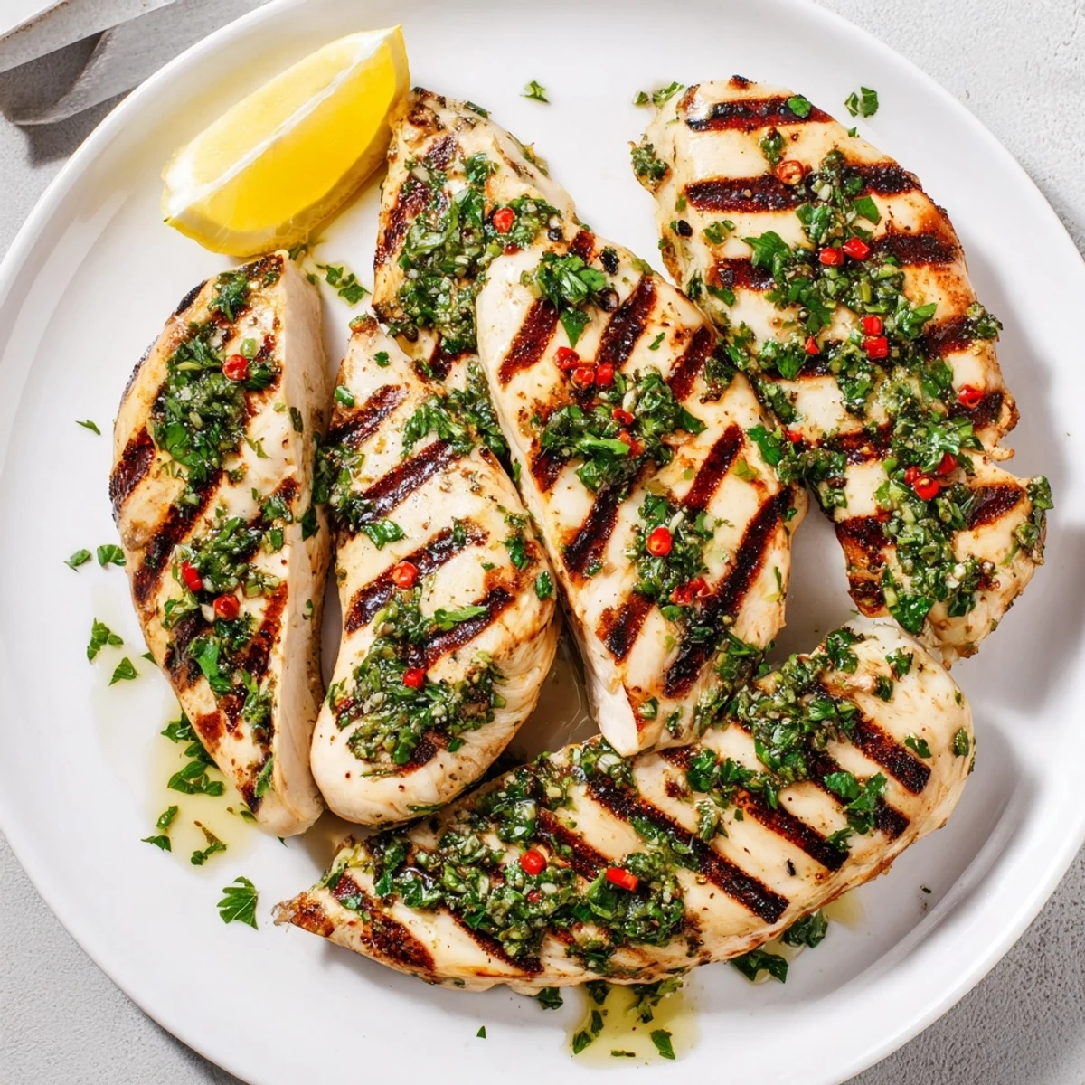 Smoky Grilled Chimichurri Chicken with char marks, lemon wedge and herbs