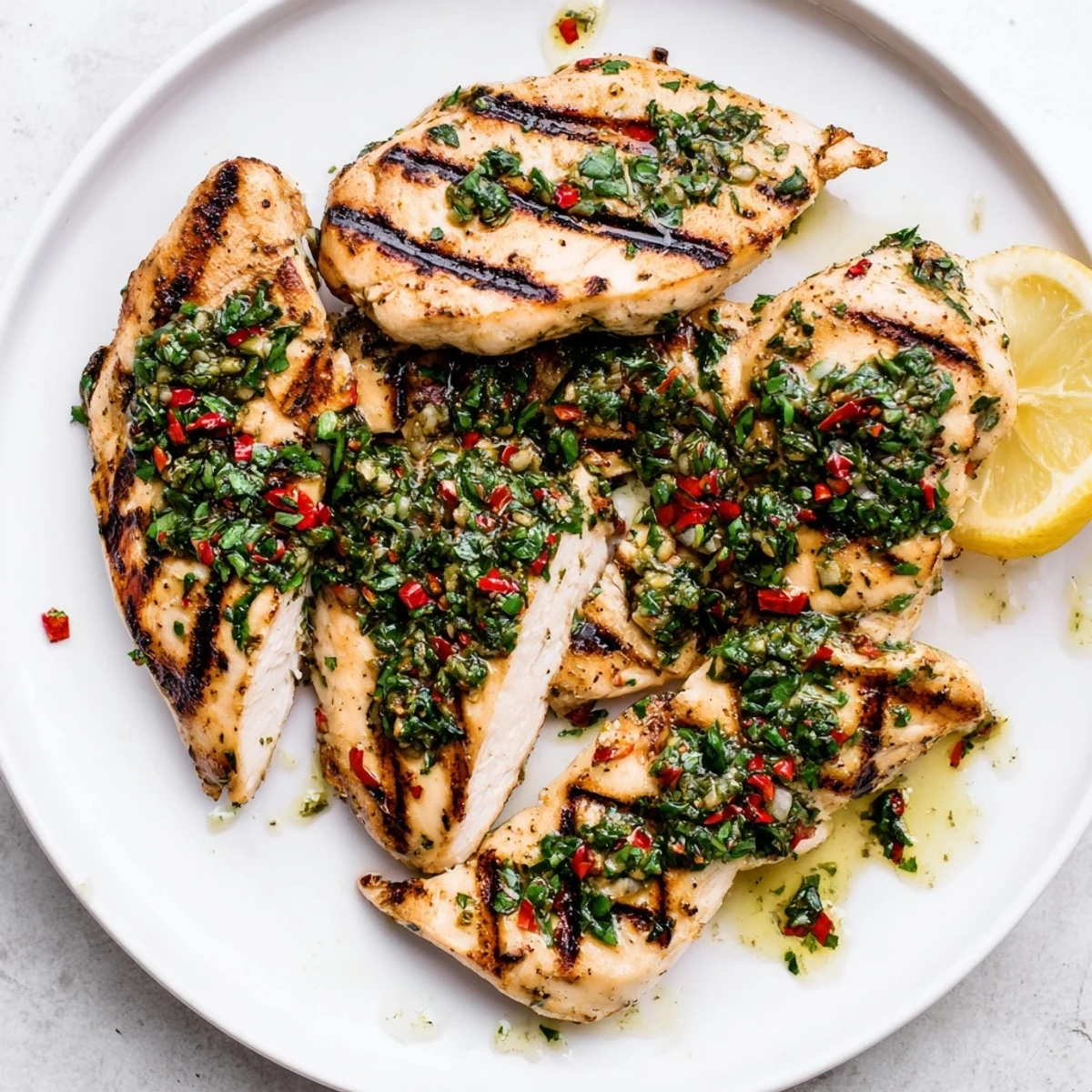 Grilled Chimichurri Chicken sliced on plate, bright herb sauce glistening