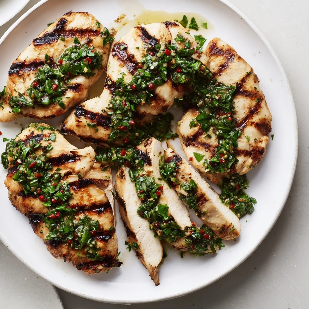 Juicy Grilled Chimichurri Chicken resting, zesty parsley sauce pooled beside