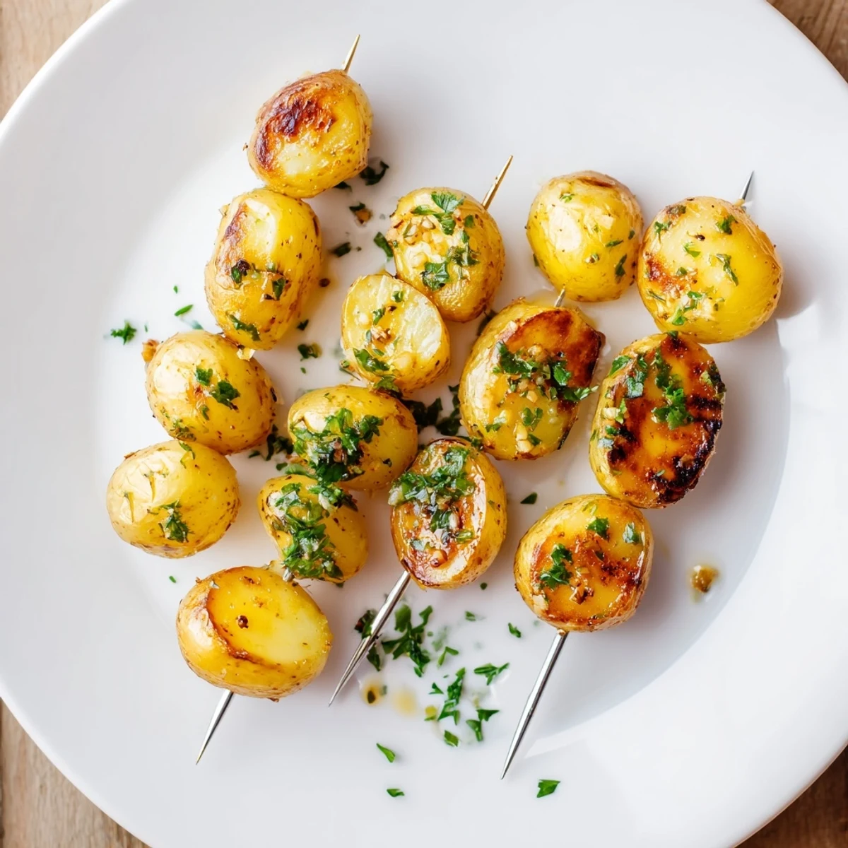 Charred-skinned Grilled Potatoes Recipe on skewers, garlicky aroma and lemon wedge
