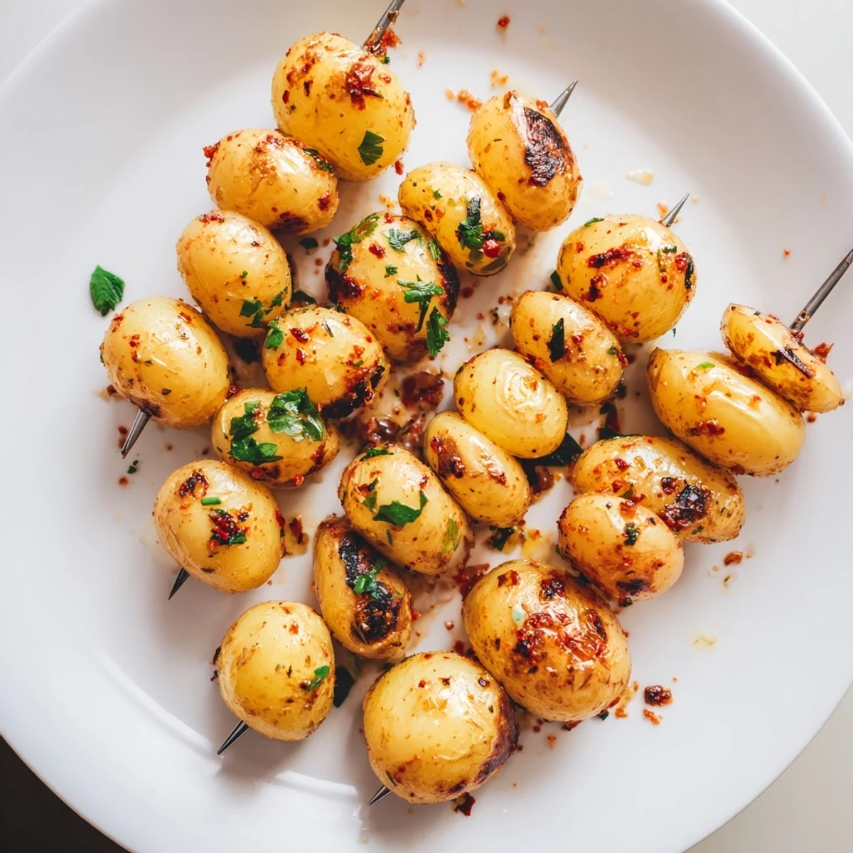 Grilled Potatoes Recipe plated hot alongside grilled meats, drizzled olive oil