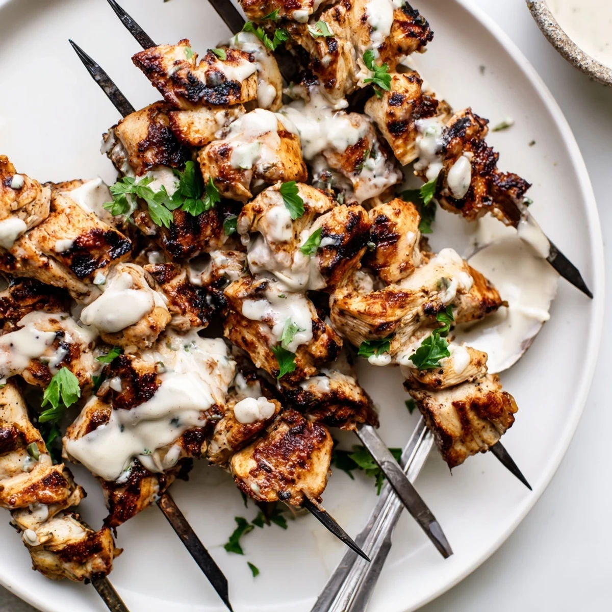 Grilled Chicken Bites With Creamy Garlic Sauce, smoky grill marks and silky sauce.