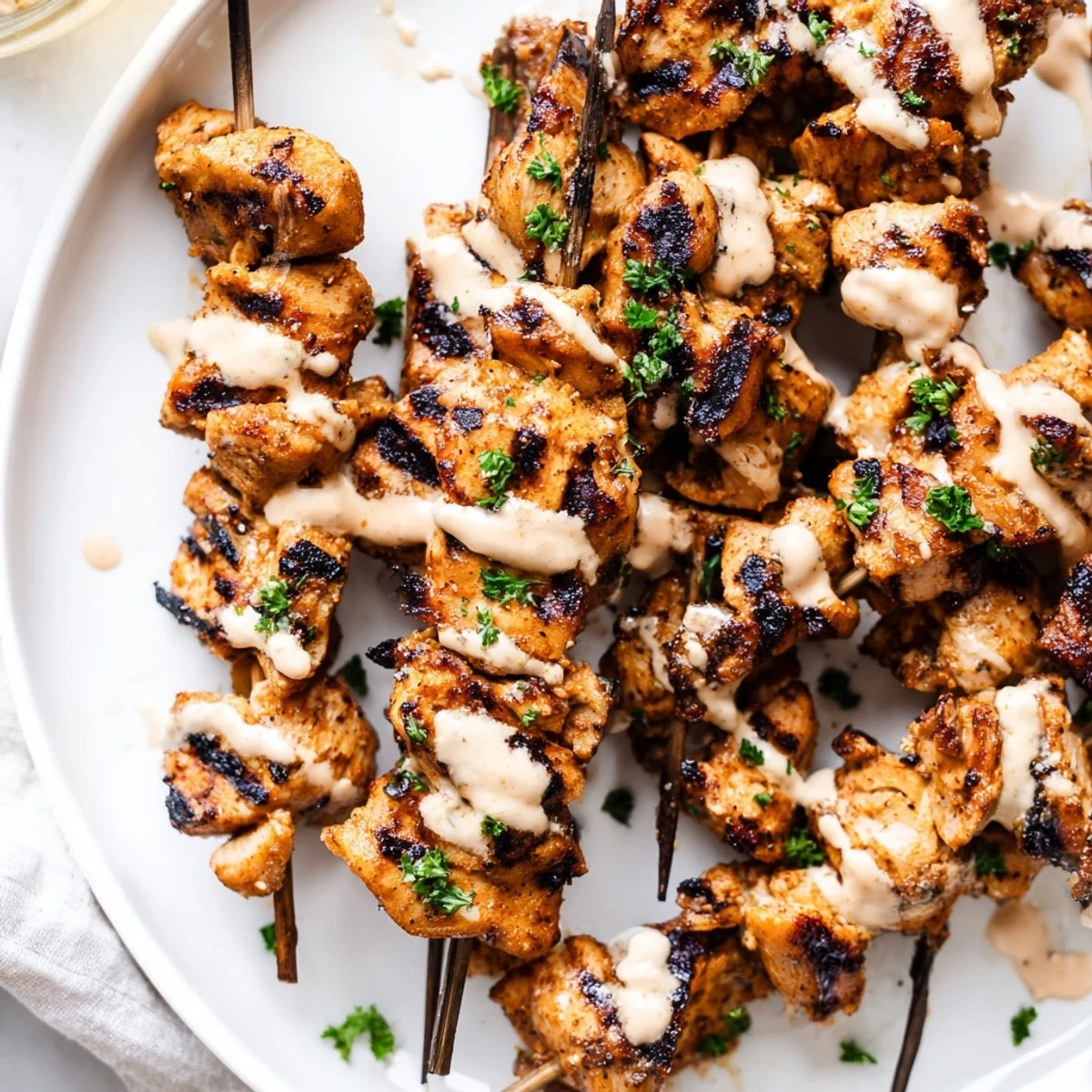 Skewered Grilled Chicken Bites With Creamy Garlic Sauce drizzled, fresh parsley garnish.