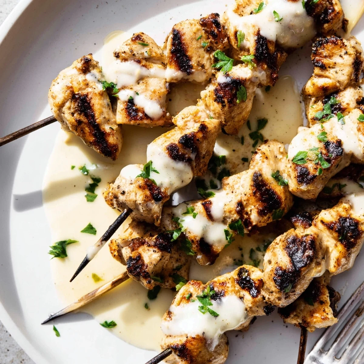 Platter of tender, lemon-bright Grilled Chicken Bites With Creamy Garlic Sauce ready.