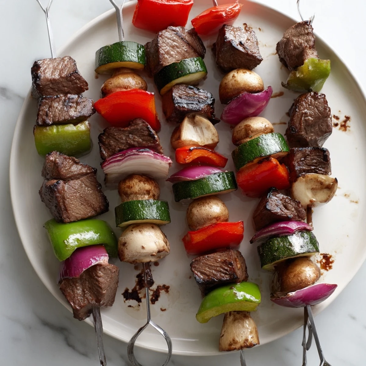 Juicy Steak Kabobs grilled to charred perfection with colorful peppers and onions