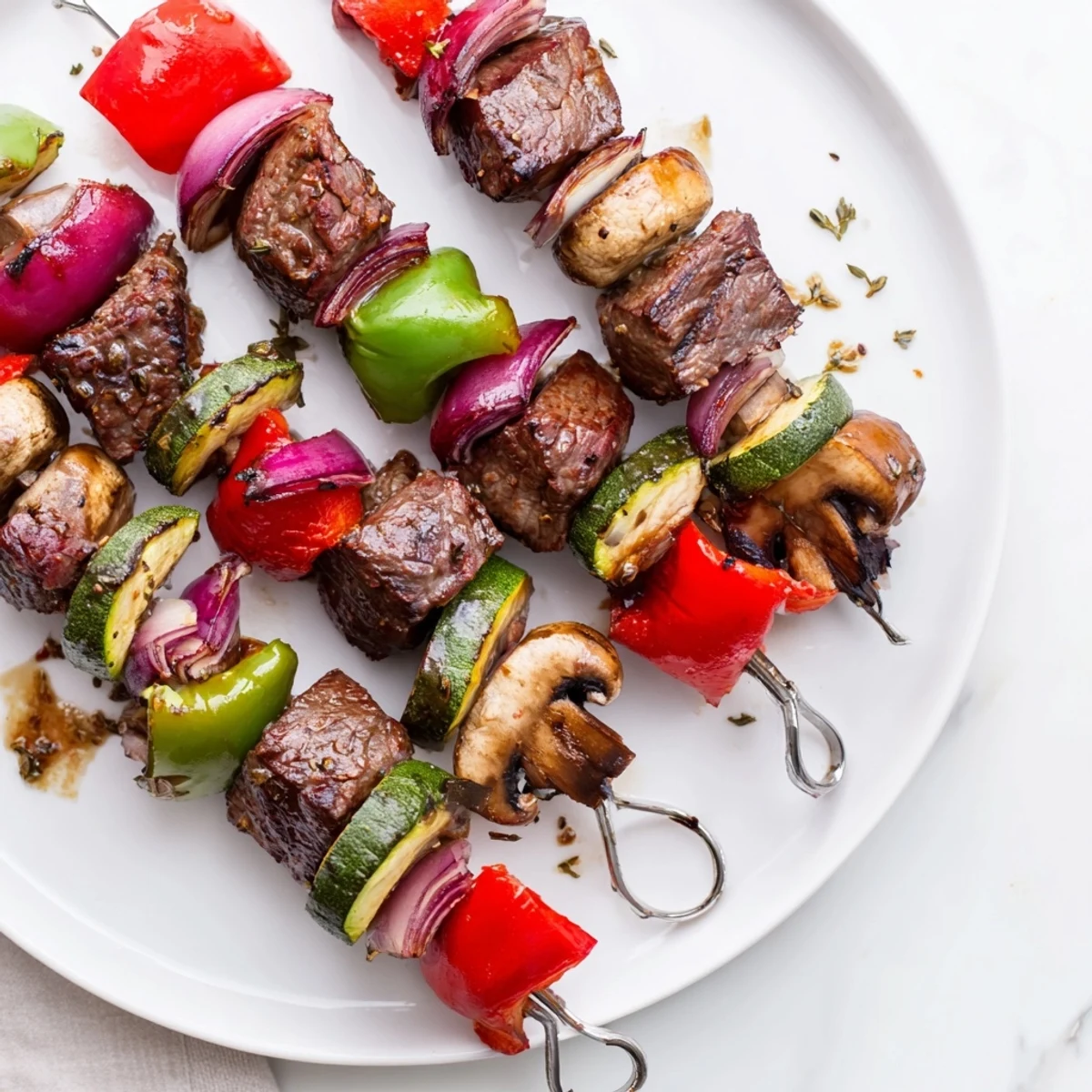 Serve Steak Kabobs hot over rice with lemony glaze and fresh salad