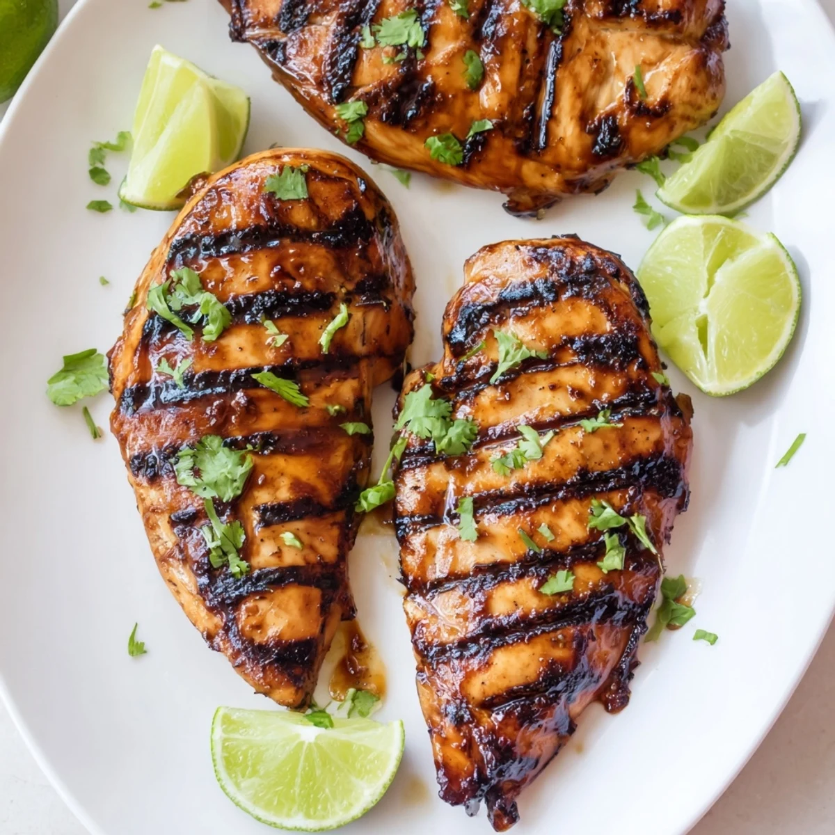 Grilled Spicy Honey Lime Chicken glistening with smoky char, garnished with cilantro  